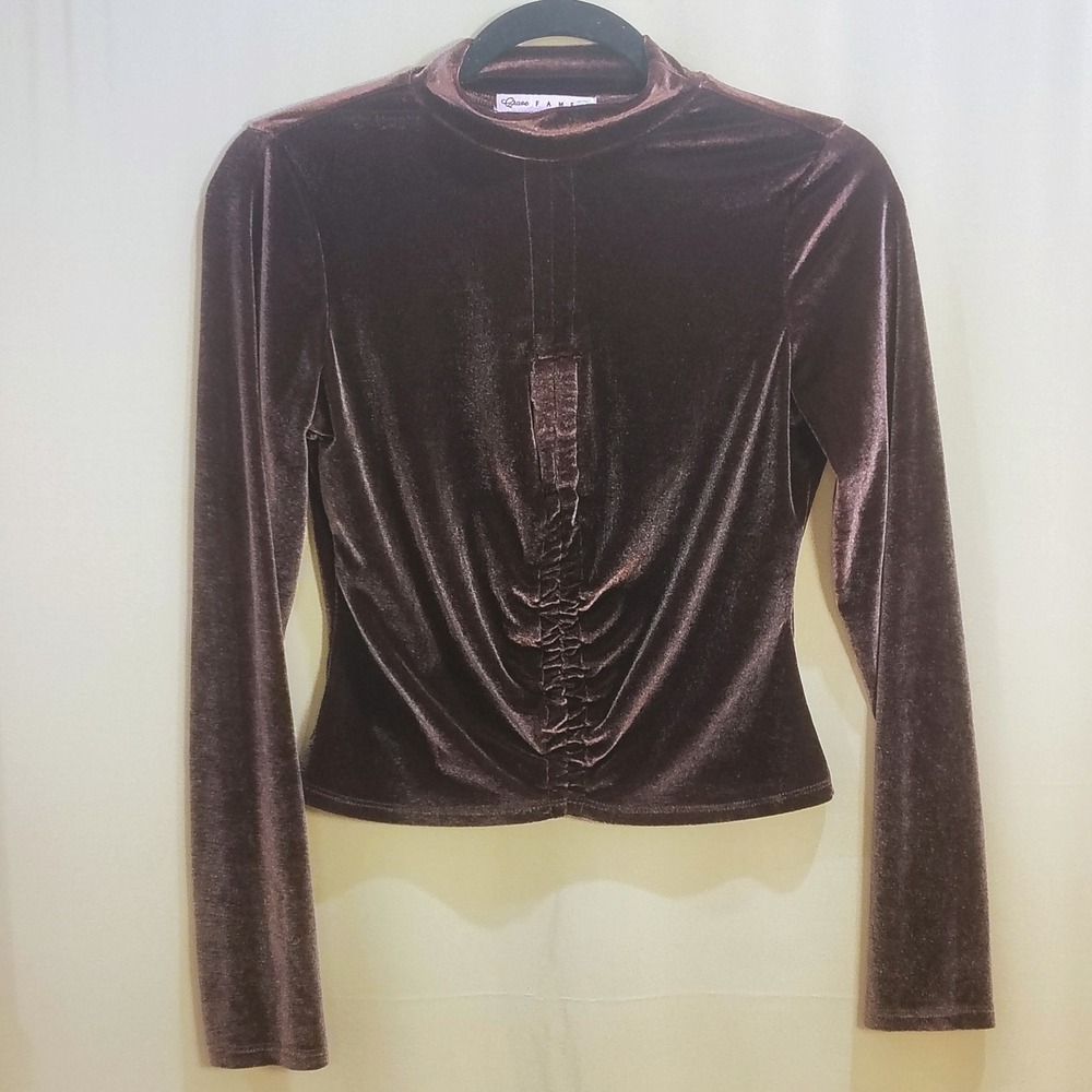 Crave Fame Chocolate Brown Top Womens M Velvet Ruched Long Sleeve Fairy Grunge